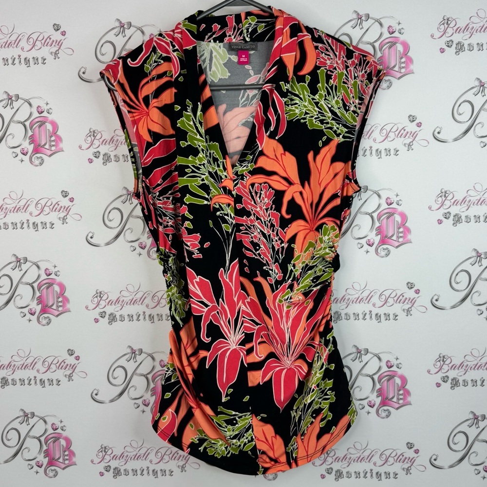 Vince Camuto top tshirt tank flowers bright stretchy Floral V-Neck Women Top